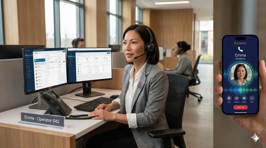 Property manager at a front desk with EMMA on dual monitors